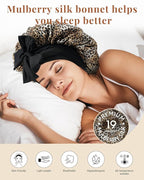 AWAYTR Silk Bonnet for Sleeping Women 100% Mulberry Silk Bonnet with Band 2 Layer Reversible Hair Bonnet Sleeping Hair Wrap (Leopard/Black)