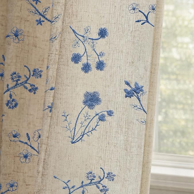 Blue Floral Embroidered Light Filtering Curtains 84 Inch 2 Panels | Linen Blend by Unknown