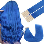 GOO GOO Tape in Hair Extensions Human Hair, Blue, 22inch 30g 10pcs, Colored Tape ins Human Hair Extensions, Silky&Soft Invisible Tape Ins, Hair Highlighted for Party