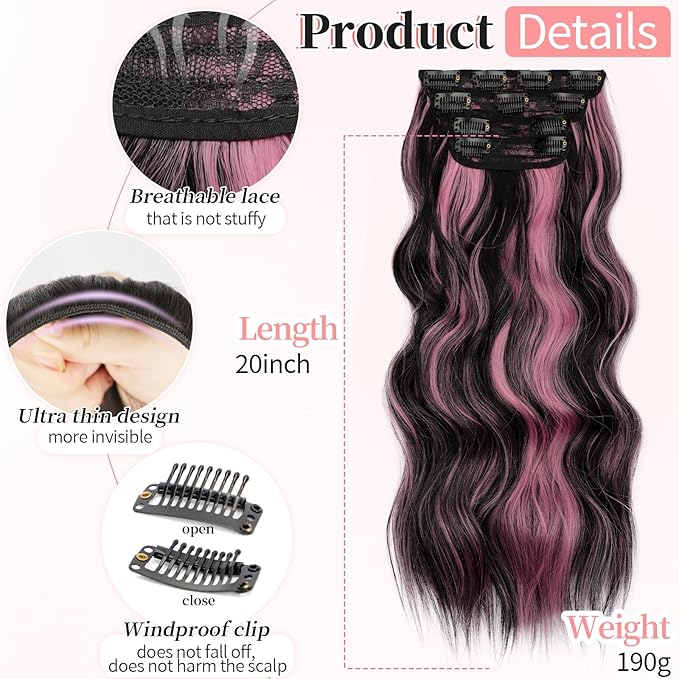 KooKaStyle Clip in Hair Extensions 4PCS Long Wavy Natural & Soft Hairpieces for Women 20 Inch for Women(Natural Black Pink)