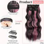 KooKaStyle Clip in Hair Extensions 4PCS Long Wavy Natural & Soft Hairpieces for Women 20 Inch for Women(Natural Black Pink)