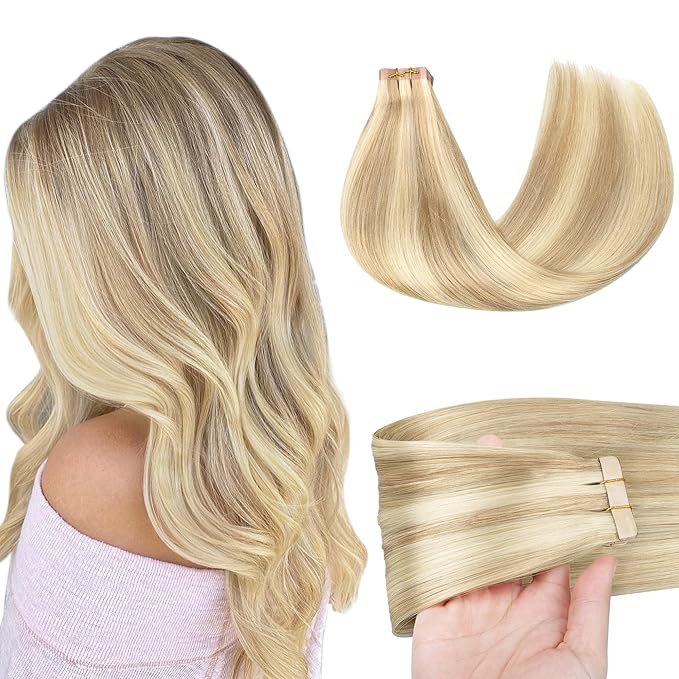 GOO GOO Tape in Hair Extensions Human Hair, 18A/613A Dark Blonde Highlighted Bleach Blonde, 10inch 30g 20pcs, Skin Weft Seamless Invisible, Silky Straight with Thick Ends, Remy Human Hair