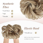 FESHFEN Messy Bun Hair Piece - Large Elastic Wavy Curly Hair Bun Scrunchies Ponytail Extensions Synthetic Chignon Hairpieces for Women, Mixed Blonde and Ash Blonde Tips 1.94oz
