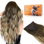 DOORES Hair Extensions Seamless Clip in Human Hair, Walnut Brown to Ash Brown and Bleach Blonde 110g 7pcs 16 Inch, Invisi Edge Hair Extensions Real Human Hair Clip in Remy Straight Hair