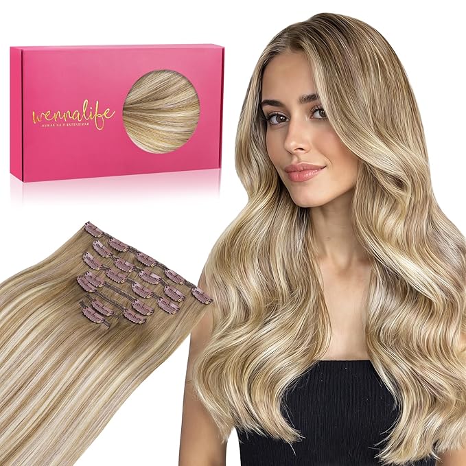 WENNALIFE Clip in Hair Extensions Real Human Hair, 24 Inch 120g 7pcs Balayage Dirty Blonde with Platinum Ends Remy Hair Natural Double Weft
