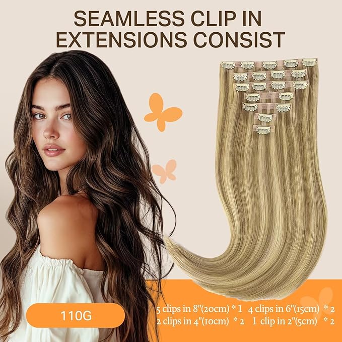 DOORES Seamless Clip in Hair Extensions Real Human Hair, Light Blonde Highlighted Golden Blonde 20 Inch 110g 7pcs, Human Hair Extensions Seamless Clip in Invisi Edge Hair Extensions Straight Hair