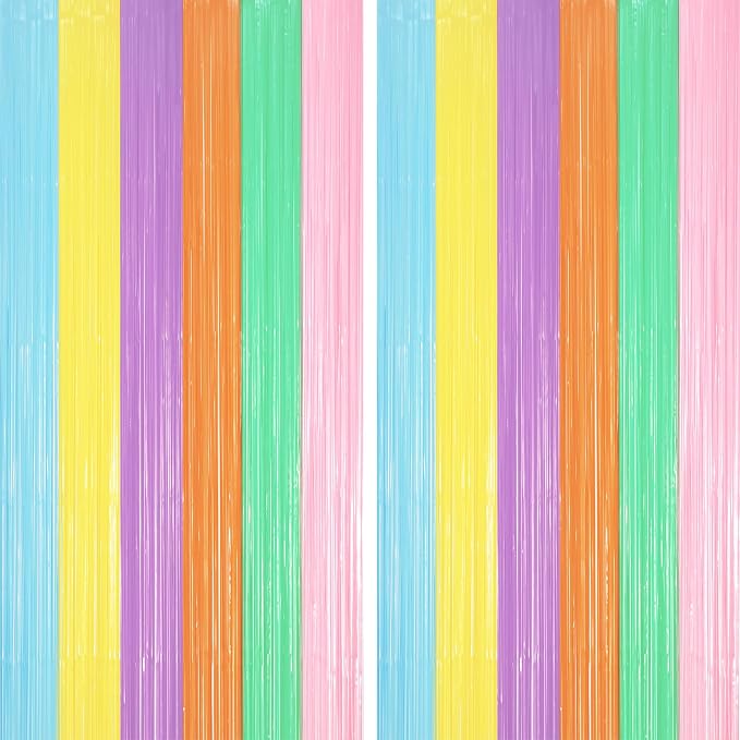 Voircoloria Pastel Rainbow Foil Fringe Backdrop Curtains, 2 Pack | Tinsel by Voircoloria