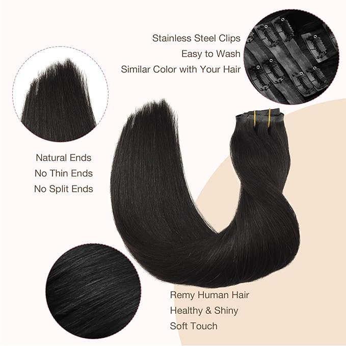 GOO GOO Clip in Hair Extensions Real Human Hair, Remy Human Hair Extensions Clip ins for Women, Natural Human Hair, 14inch 110g 7Pcs, 1B Natural black