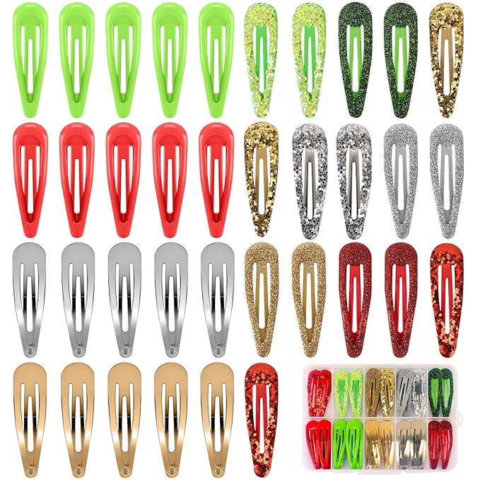 Party Snap Hair Clips by FLAREANN – 36 PCS 2 Inch Non-Slip Metal Barrettes in Glitter, Shimmer, Enamel & Metallic Finishes – Red Green Gold & Silver Hair Accessories