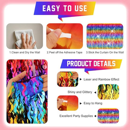 2 Pack Colorful Wavy Foil Fringe Curtain Backdrop, 3.3 X 6.6 Ft Rainbow Wavy - Image 5