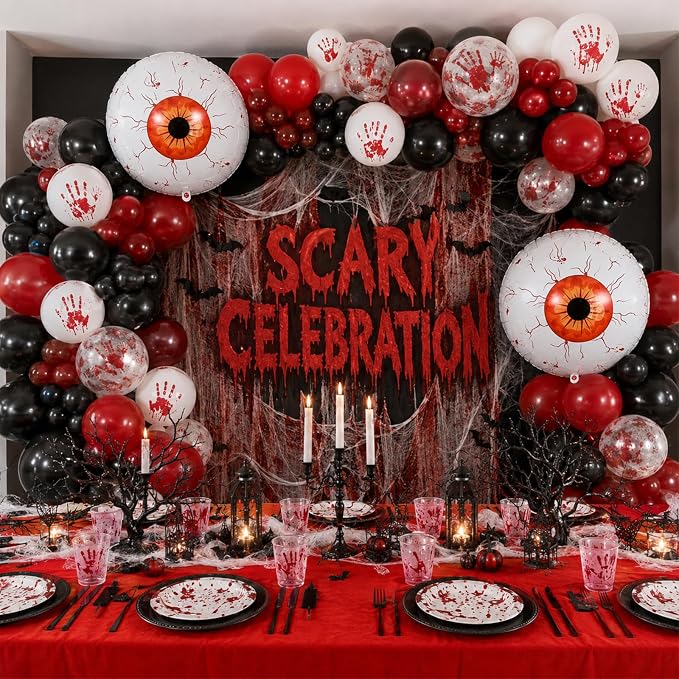 Halloween Bloody Scary Balloons Red Black Hand Print Eye Balloons | 4D Eyeball - Image 5
