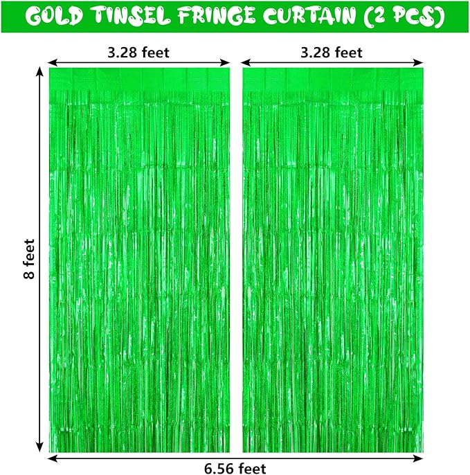 Green Tinsel Foil Fringe Curtain Backdrop, 3.3 x 8.2 ft Metallic Glitter - Image 3