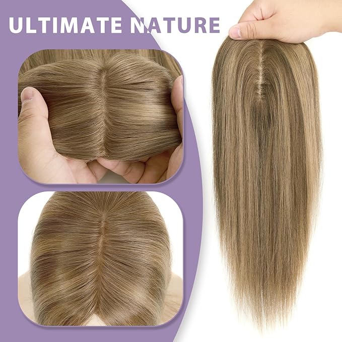 Toppers Hair Pieces for Women #TAC, 3x5 Inch Injected Silk Base 18 Inch Length 130% Density Real Human Hair Toppers