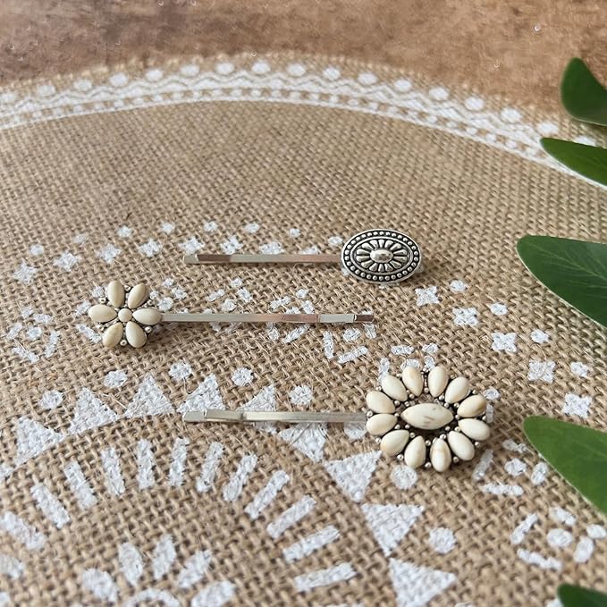 Women's Western Turquoise Hair Clips Set of 6 Decorative Bobby Pins Boho Hair Barrettes-(White，Green)