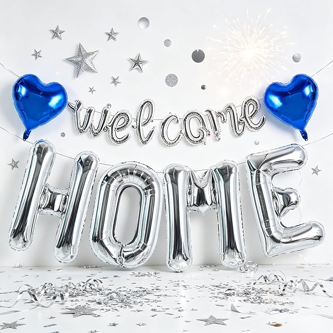 TONIFUL 2 Size Silver Foil Welcome HOME Letter Balloons Banner Decorations | by TONIFUL