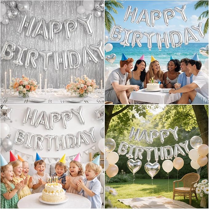 Silver Happy Birthday Balloons Banner, 16 Inch Silver Letters Aluminum Foil - Image 5