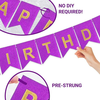 Purple Happy Birthday Banner - 16 ft Pre-Strung Gold Purple Birthday Party - Image 5