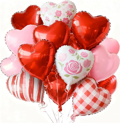 PartyWoo Pink White Red White Red Heart Foil Balloons 15pcs 18 Inch | Balloons by PartyWoo