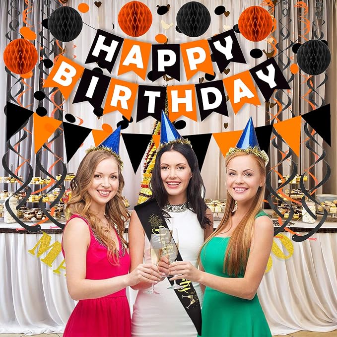 Fecedy Black Orange Happy Birthday Banner Paper Triangle Flag Bunting Circle - Image 5