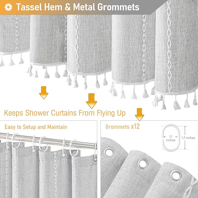 72x78 Long Boho Farmhouse Linen Heavy Duty Shower Curtain, 330GSM Linen Blend - Image 5