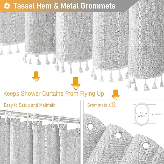 72x84 Long Boho Farmhouse Linen Heavy Duty Shower Curtain, 330GSM Linen Blend - Image 5