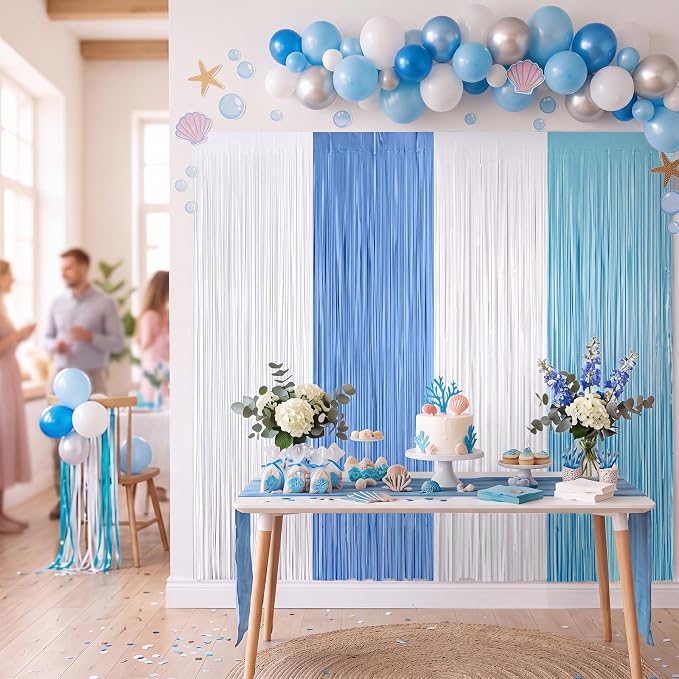 Frienda 4pcs Blue and White Party Decorations 6.6ft Fringe Curtains Decorations - Image 6