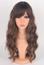 Ombre Brown Wavy Wigs With Bangs, Medium Long Synthetic Hair Replacement Wigs for Daily Use, 18 Inch