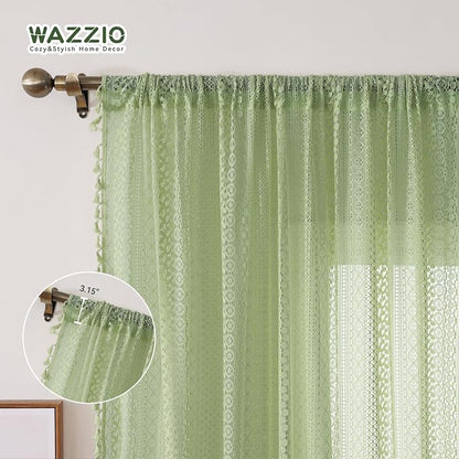 WAZZIO Boho Lace Curtains 84 Inches 2 Panel, Light Filtering Privacy Tassel & - Image 6