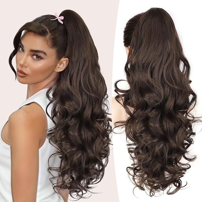ALXNAN Claw Long Wavy Ponytail Extension,24 Inch Curly Pony Tail Clip in Hair Extensions for Women,Dark Chocolate Brown Clip on Pony Tails Hair Extensions