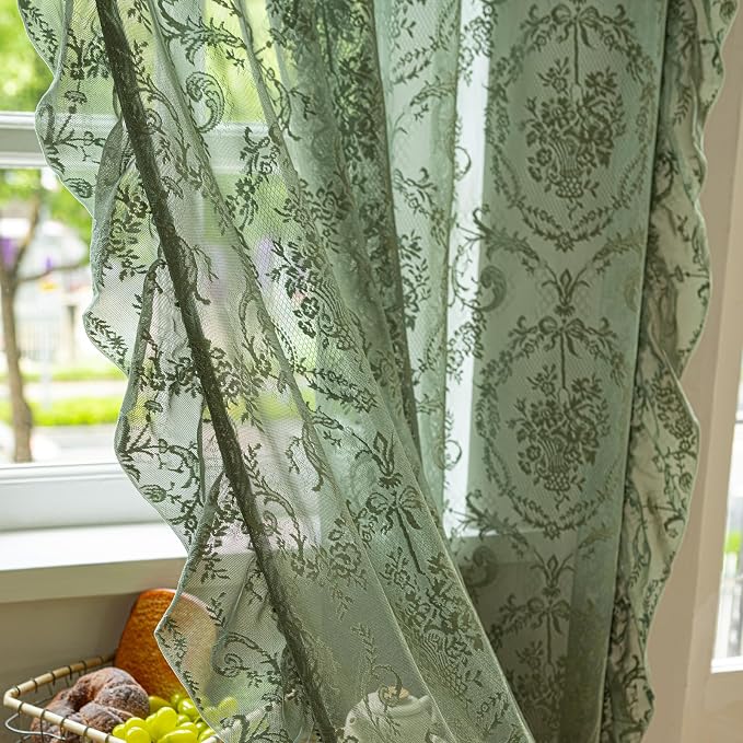 Deeprove Olive Green Sheer Lace Ruffled Curtains 72 Inch Long Pair - Image 3