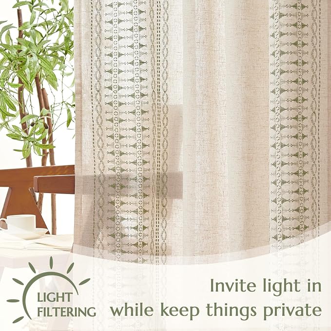 jinchan Boho Curtains for Bedroom Linen Blend Curtains Sage Green Embroidered - Image 4