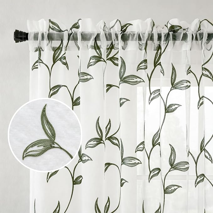 Sheer Curtains Boho Leaf Floral Embroidered Green 54Wx96L | Light Filtering - Image 4