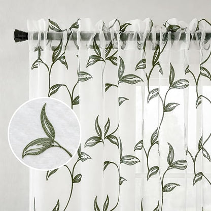 Sheer Curtains Boho Leaf Floral Embroidered Green 54Wx84L | Light Filtering - Image 3