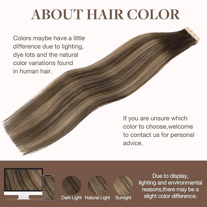 GOO GOO Tape in Hair Extensions Human Hair, 4/27/4 Balayage Chocolate Brown to Caramel Blonde, 28inch 60g 20pcs, Skin Weft Seamless Invisible, Silky Straight with Thick Ends, Remy Human Hair