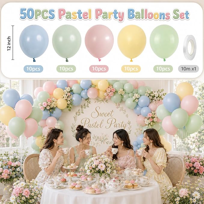 Pink Green Blue Balloons, 12 Inch Pastel Pink Sage Green Dusty Blue Yellow - Image 2