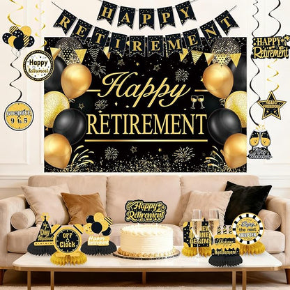 Retirement Party Decorations for Men Women Black Gold Happy Retirement Banner - Image 8
