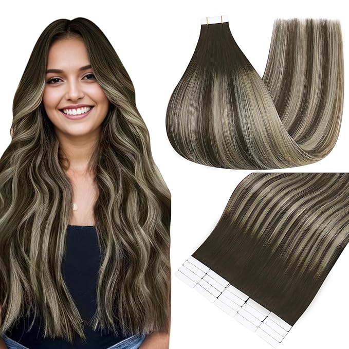 Full Shine Tape in Hair Extensions Human Hair 18 Inch hair extensions real human hair Color 2/60/2 Blonde Highlight Darkest Brown Balayage Tape in Remy Natural Human Hair Extensions 20Pcs/50Grams