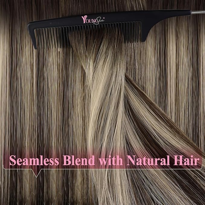 YoungSee Invisible Tape in Hair Extensions Balayage Tape in Hair Extensions Human Hair Dark Brown Balayage Blonde Real Hair Tapein Extension Human Hair for Long Hair 24Inch 20pcs 50g Easy to Apply
