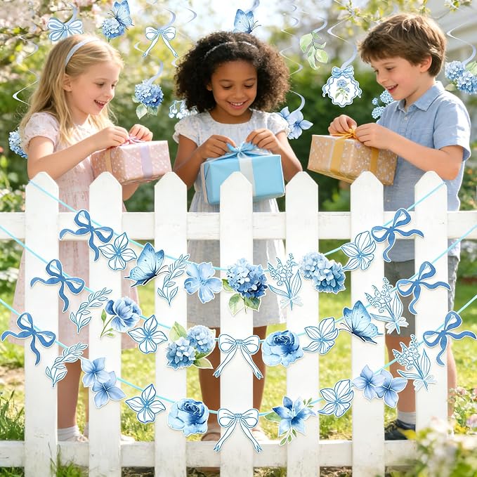 Blue Party Decorations, with 3 Pre-strung Flower Banners and 20 Hanging Swirls - Image 6