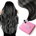 YoungSee Nano Beads Hair Extensions Ombre Nano Ring Extensions Human Hair Black Balayage Nano-Link Hair Extension Ombre Black to Silver Nano-Extension Human Hair for Women 50g 50s 14 Inch
