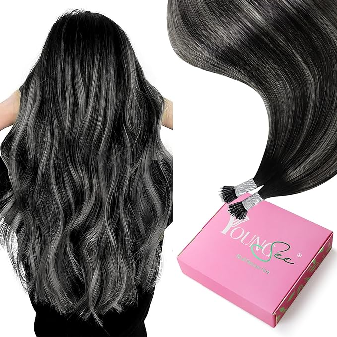 YoungSee Nano Extensions Human Hair Silver Nanobeads Hair Extensions Human Hair Ombre Black to Silver Nano-Rings Hair Extension Balayager Black Cold Fusion 1g/s 50g 22inch