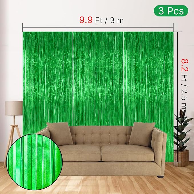 PartyWoo Green Tinsel Foil Fringe 8.2FT 3pcs Backdrop Streamer | Green Tinsel - Image 4