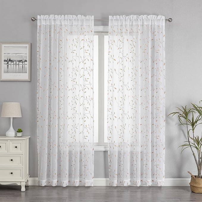 White Sheer Curtains Orange Leaf Embroidery Linen 96 Inches Long | Light - Image 2