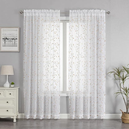 White Sheer Curtains Orange Leaf Embroidery Linen 96 Inches Long | Light - Image 2