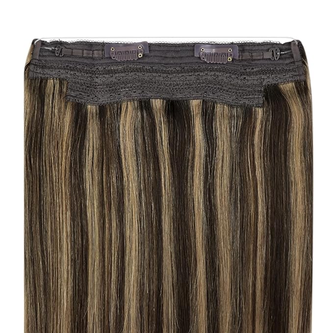 YoungSee 135G Invisible Wire Hair Extensions Real Human Hair Brown Highlights Wire Human Hair Extensions Highlights Dark Brown with Blonde One Piece Hair Extensions Long Straight Hair 24inch
