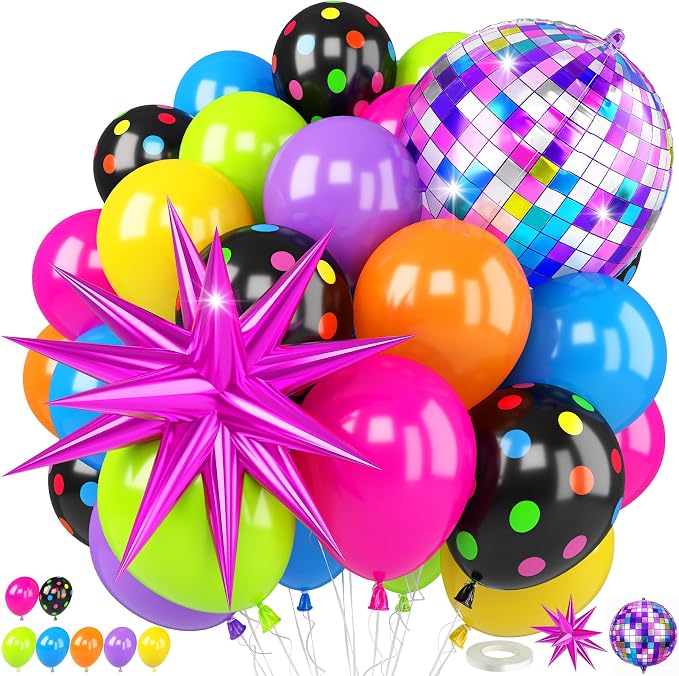 Neon Balloons, 12Inch Disco Rainbow Balloons, Hot Pink Blue Green Orange Purple by TAOYE