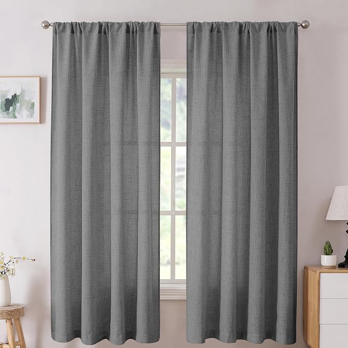 Tollpiz Short Linen Curtain Bedroom Rod Pocket Semi Sheer Curtains Burlap Light by Tollpiz
