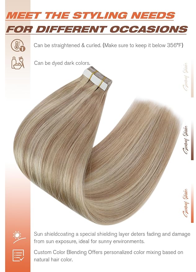 Sunny Hair Tape in Hair Extensions Real Human Hair Invisible Remy Hair Extensions Tape ins for Women Ash Blonde Highlight Bleach Blonde with Pink Hue 24 inch 40pcs 100g