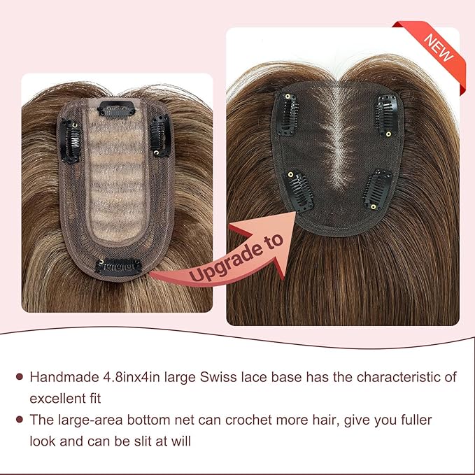 YAMI Hair Toppers for Women Real Human Hair, Human Hair Topper with Swiss Base Hairpieces for Women with Thinning Hair 12 Inch 40g - Medium Brown