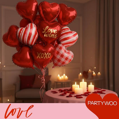 PartyWoo Red Mylar Day Heart Foil Latex Balloons 15pcs 18 Inch | Balloons - Image 3